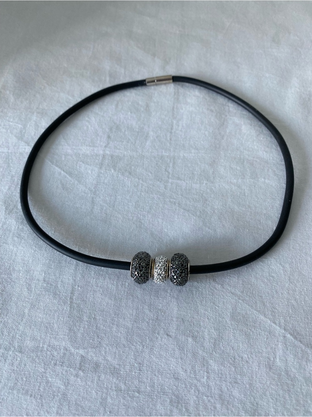 Minimalist Black Rubber Choker Necklace with Sparkling Bead Trio